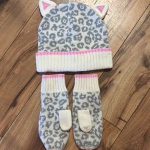 Leopard Print Hat Mitten Set Gray Cream Pink Girls